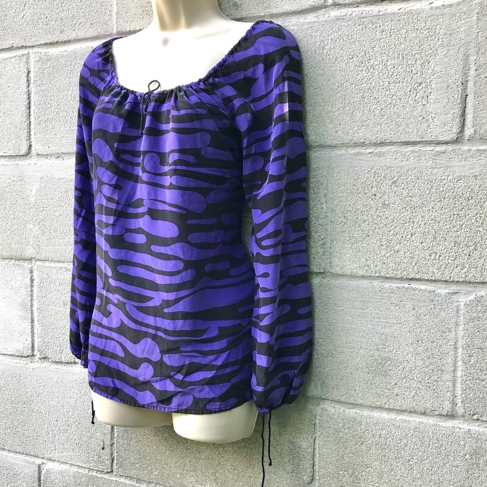 ANTHRO WHAT GOES AROUND COMES AROUND S Zebra Print Silk Blouse Black On Purple - Picture 4 of 9